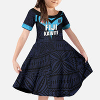 Custom Fiji Kaiviti Rugby Family Matching Off The Shoulder Long Sleeve Dress and Hawaiian Shirt Fiji Tapa Pattern LT05 Daughter's Dress Blue - Polynesian Pride