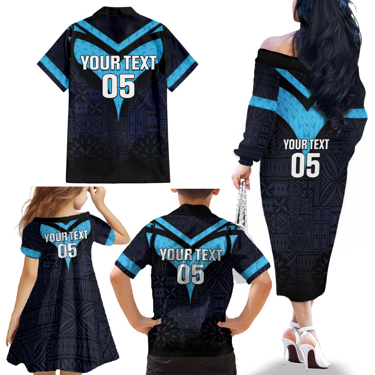 Custom Fiji Kaiviti Rugby Family Matching Off The Shoulder Long Sleeve Dress and Hawaiian Shirt Fiji Tapa Pattern LT05 - Polynesian Pride