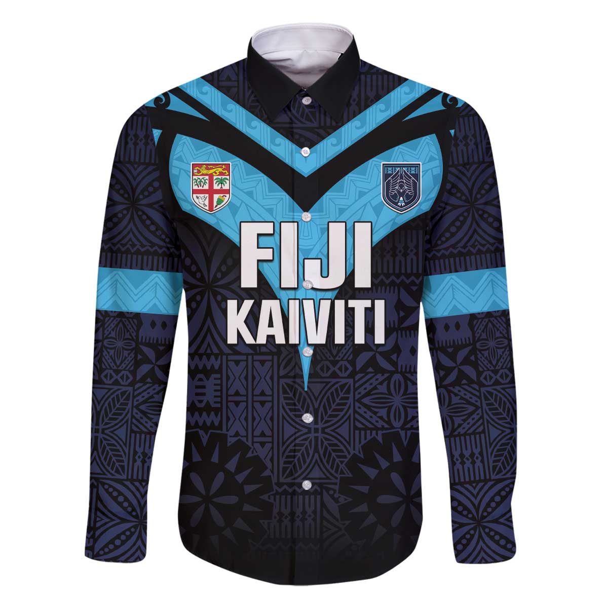 Custom Fiji Kaiviti Rugby Family Matching Off The Shoulder Long Sleeve Dress and Hawaiian Shirt Fiji Tapa Pattern LT05 Dad's Shirt - Long Sleeve Blue - Polynesian Pride