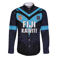 Custom Fiji Kaiviti Rugby Family Matching Off The Shoulder Long Sleeve Dress and Hawaiian Shirt Fiji Tapa Pattern LT05 Dad's Shirt - Long Sleeve Blue - Polynesian Pride