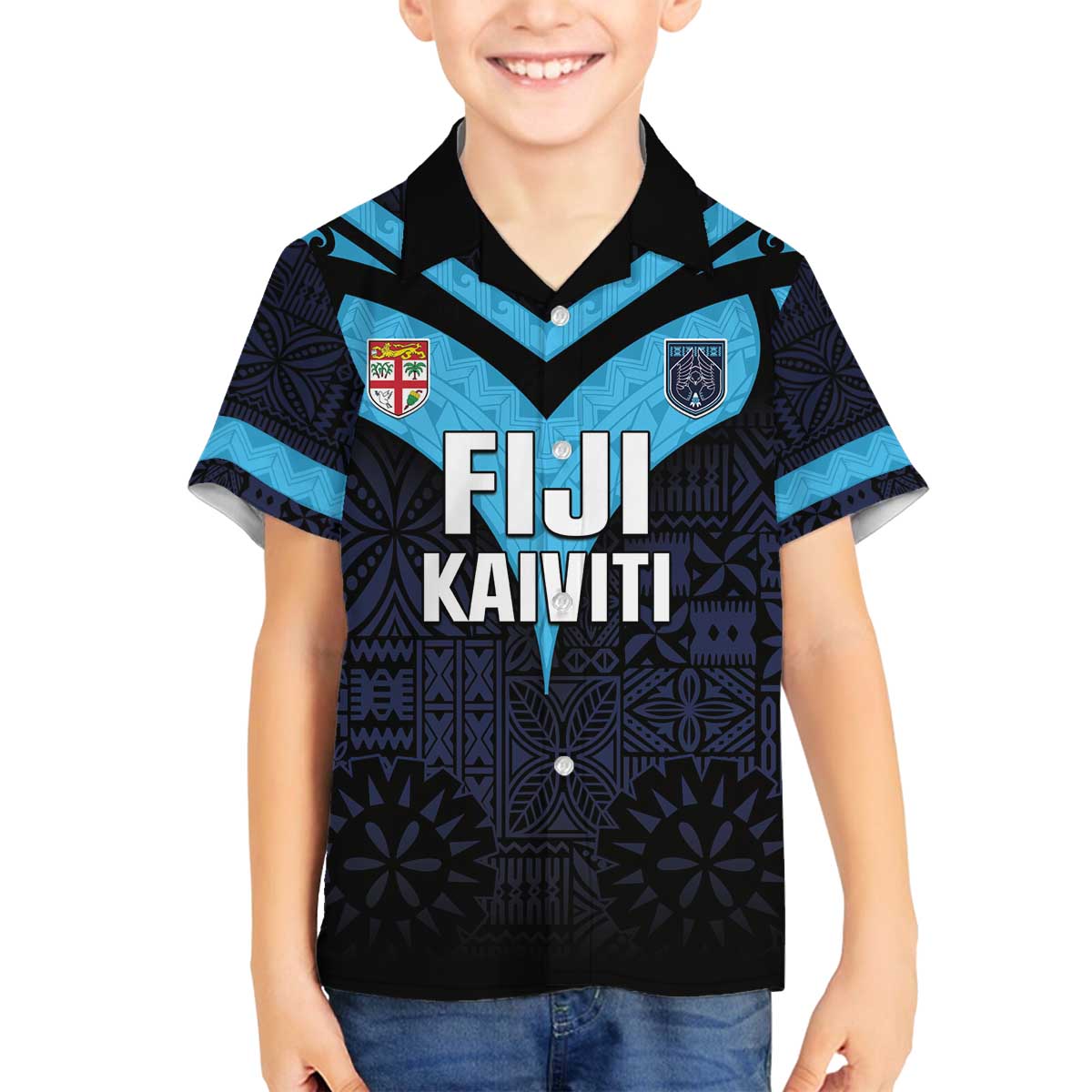 Custom Fiji Kaiviti Rugby Family Matching Off The Shoulder Long Sleeve Dress and Hawaiian Shirt Fiji Tapa Pattern LT05 Son's Shirt Blue - Polynesian Pride