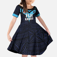 Custom Fiji Kaiviti Rugby Family Matching Off Shoulder Maxi Dress and Hawaiian Shirt Fiji Tapa Pattern LT05 Daughter's Dress Blue - Polynesian Pride