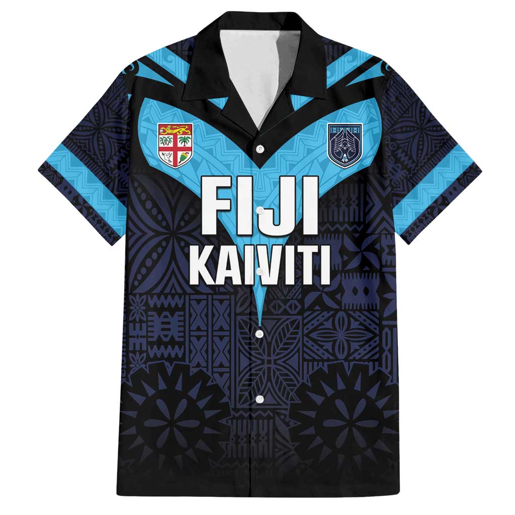 Custom Fiji Kaiviti Rugby Family Matching Off Shoulder Maxi Dress and Hawaiian Shirt Fiji Tapa Pattern LT05 Dad's Shirt - Short Sleeve Blue - Polynesian Pride