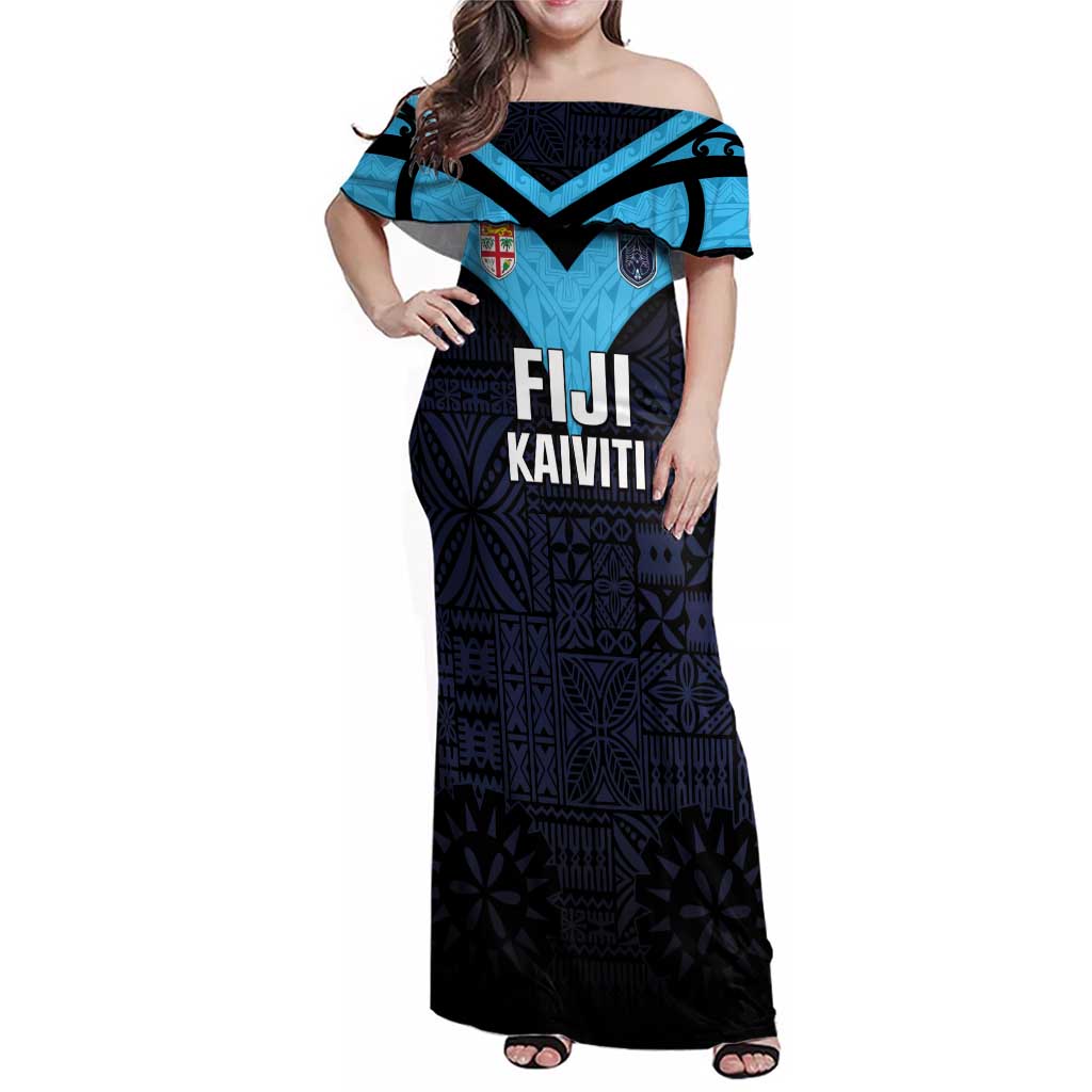 Custom Fiji Kaiviti Rugby Family Matching Off Shoulder Maxi Dress and Hawaiian Shirt Fiji Tapa Pattern LT05 Mom's Dress Blue - Polynesian Pride