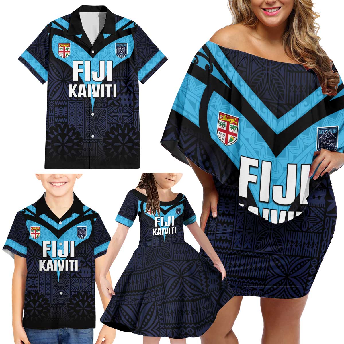 Custom Fiji Kaiviti Rugby Family Matching Off Shoulder Short Dress and Hawaiian Shirt Fiji Tapa Pattern LT05 - Polynesian Pride