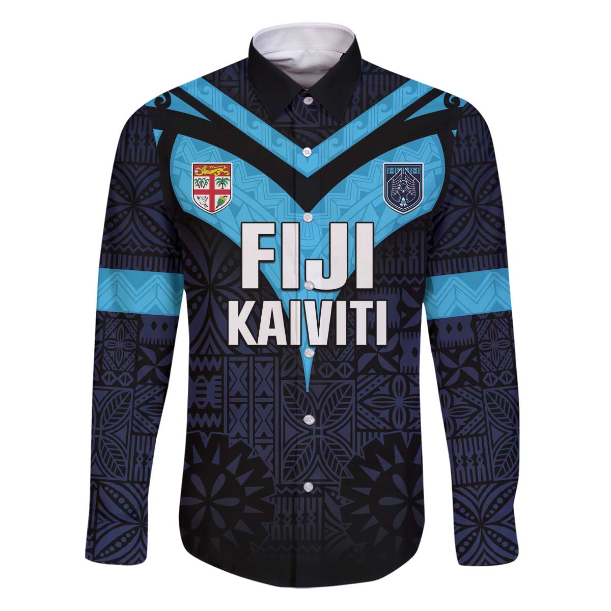 Custom Fiji Kaiviti Rugby Family Matching Puletasi and Hawaiian Shirt Fiji Tapa Pattern LT05 Dad's Shirt - Long Sleeve Blue - Polynesian Pride