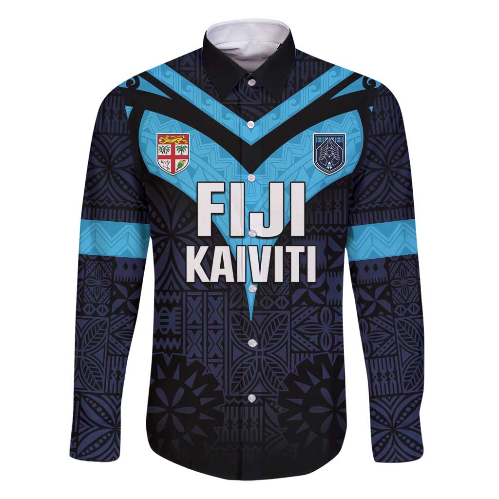 Custom Fiji Kaiviti Rugby Family Matching Summer Maxi Dress and Hawaiian Shirt Fiji Tapa Pattern LT05 Dad's Shirt - Long Sleeve Blue - Polynesian Pride