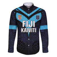 Custom Fiji Kaiviti Rugby Family Matching Tank Maxi Dress and Hawaiian Shirt Fiji Tapa Pattern LT05 Dad's Shirt - Long Sleeve Blue - Polynesian Pride