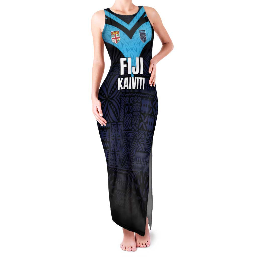 Custom Fiji Kaiviti Rugby Family Matching Tank Maxi Dress and Hawaiian Shirt Fiji Tapa Pattern LT05 Mom's Dress Blue - Polynesian Pride
