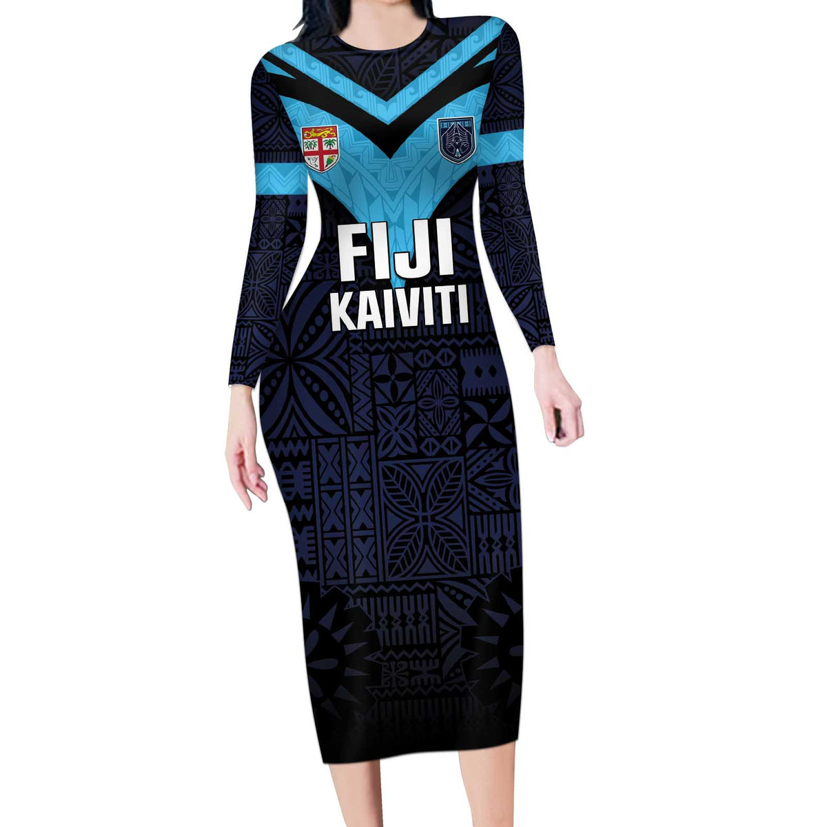 Custom Fiji Kaiviti Rugby Long Sleeve Bodycon Dress Fiji Tapa Pattern LT05 Long Dress Blue - Polynesian Pride