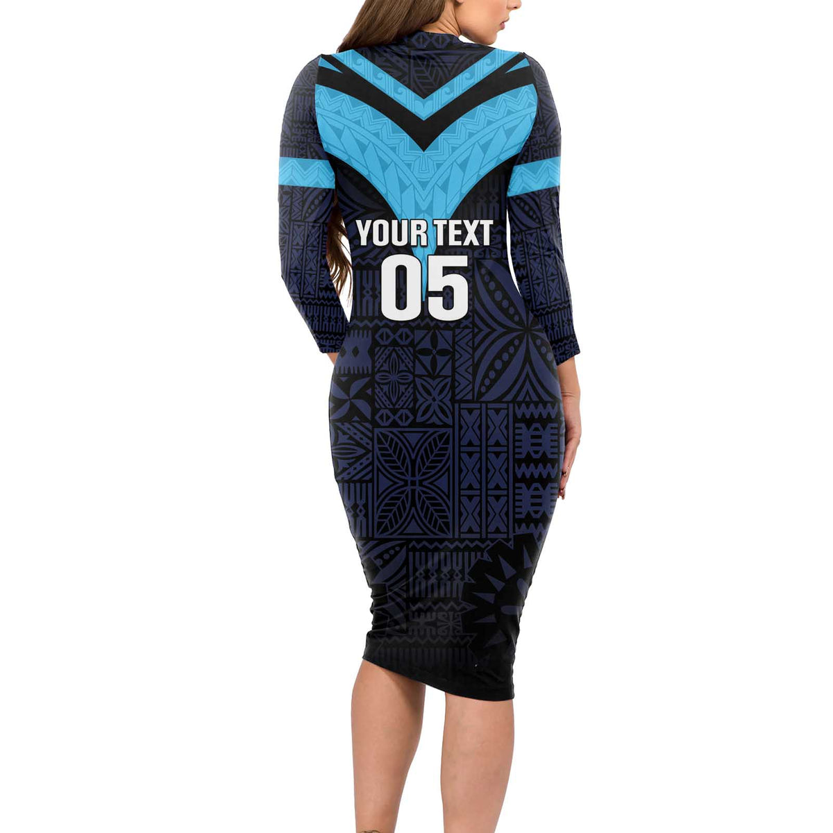 Custom Fiji Kaiviti Rugby Long Sleeve Bodycon Dress Fiji Tapa Pattern LT05 - Polynesian Pride