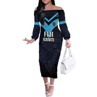 Custom Fiji Kaiviti Rugby Off The Shoulder Long Sleeve Dress Fiji Tapa Pattern LT05 Women Blue - Polynesian Pride