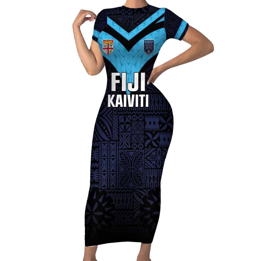 Custom Fiji Kaiviti Rugby Short Sleeve Bodycon Dress Fiji Tapa Pattern LT05 Long Dress Blue - Polynesian Pride