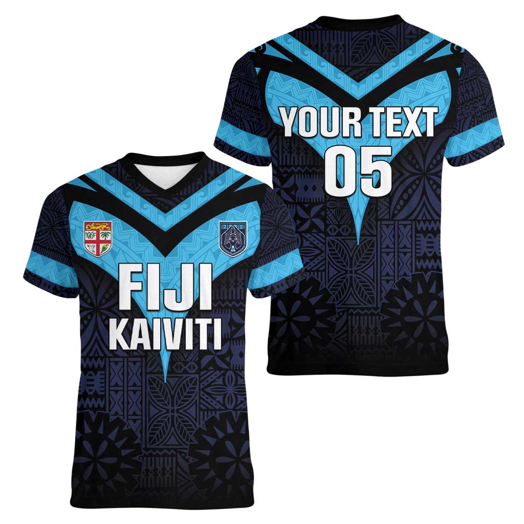 Custom Fiji Kaiviti Rugby Women V-Neck T-Shirt Fiji Tapa Pattern LT05 - Polynesian Pride