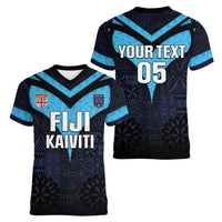 Custom Fiji Kaiviti Rugby Women V-Neck T-Shirt Fiji Tapa Pattern LT05 - Polynesian Pride
