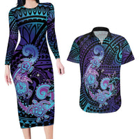 Hawaii Makahiki Turtle Couples Matching Long Sleeve Bodycon Dress and Hawaiian Shirt Spiral Polynesian Tattoo LT05 Purple - Polynesian Pride