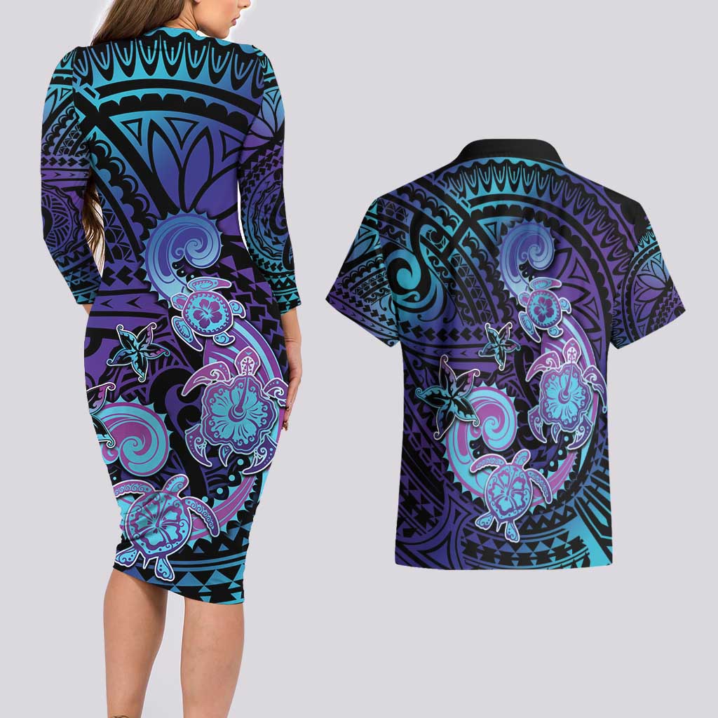 Hawaii Makahiki Turtle Couples Matching Long Sleeve Bodycon Dress and Hawaiian Shirt Spiral Polynesian Tattoo LT05 - Polynesian Pride