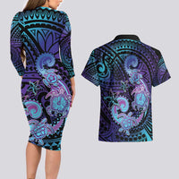 Hawaii Makahiki Turtle Couples Matching Long Sleeve Bodycon Dress and Hawaiian Shirt Spiral Polynesian Tattoo LT05 - Polynesian Pride