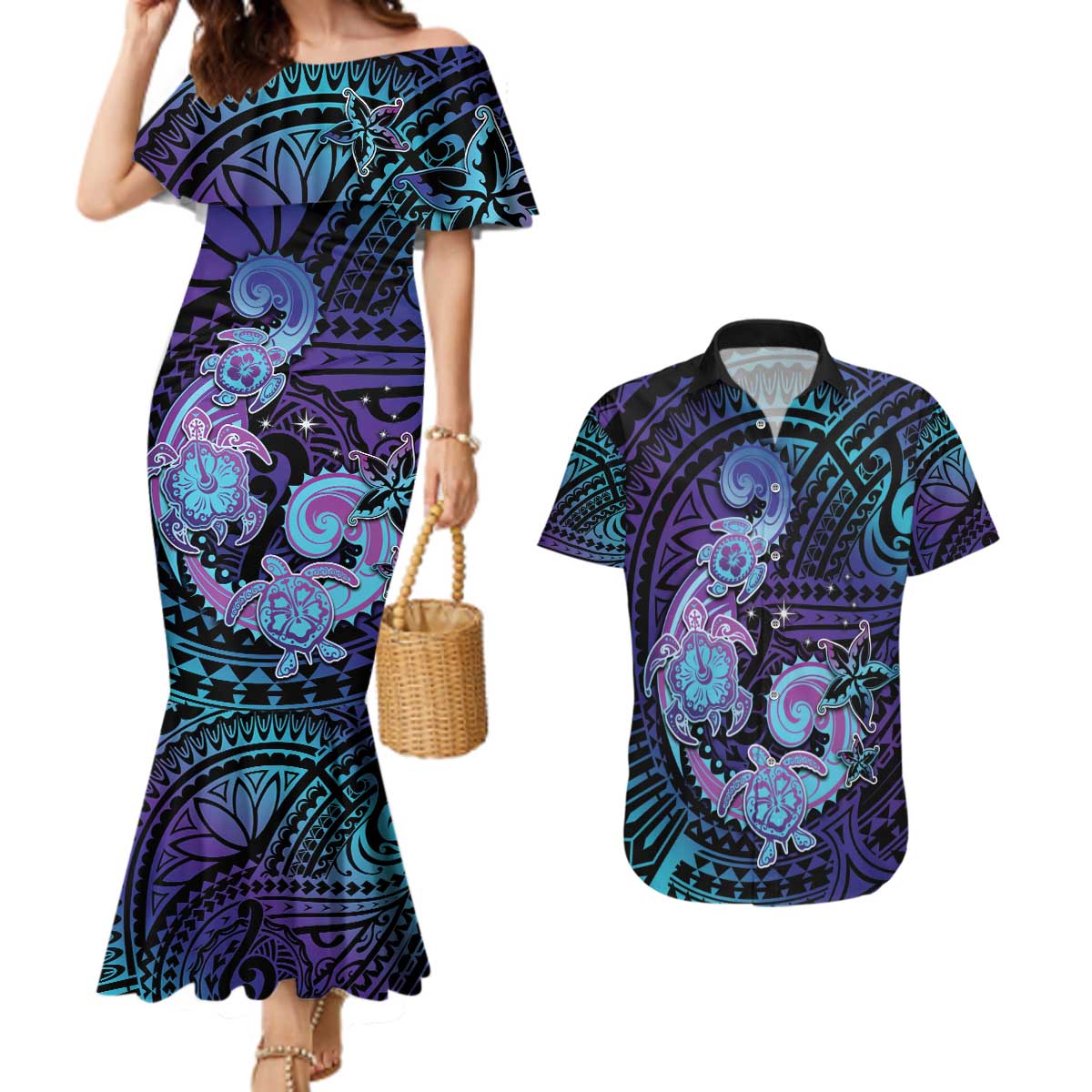 Hawaii Makahiki Turtle Couples Matching Mermaid Dress and Hawaiian Shirt Spiral Polynesian Tattoo LT05 Purple - Polynesian Pride