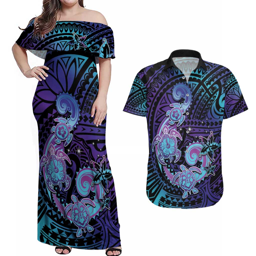Hawaii Makahiki Turtle Couples Matching Off Shoulder Maxi Dress and Hawaiian Shirt Spiral Polynesian Tattoo LT05 Purple - Polynesian Pride