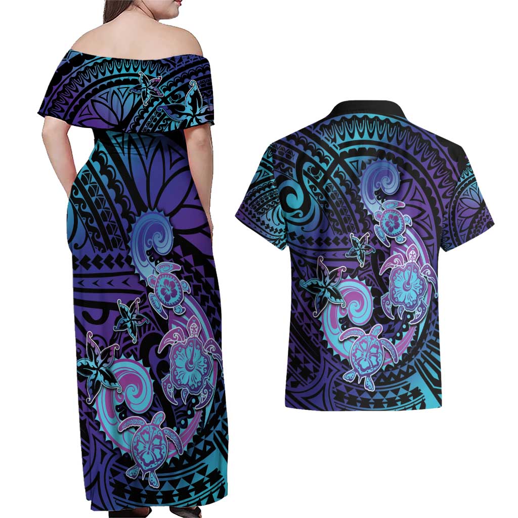 Hawaii Makahiki Turtle Couples Matching Off Shoulder Maxi Dress and Hawaiian Shirt Spiral Polynesian Tattoo LT05 - Polynesian Pride
