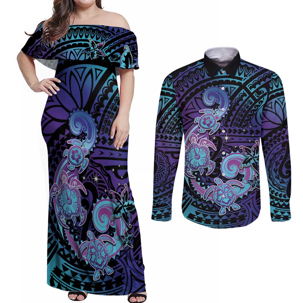 Hawaii Makahiki Turtle Couples Matching Off Shoulder Maxi Dress and Long Sleeve Button Shirt Spiral Polynesian Tattoo
