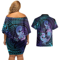 Hawaii Makahiki Turtle Couples Matching Off Shoulder Short Dress and Hawaiian Shirt Spiral Polynesian Tattoo