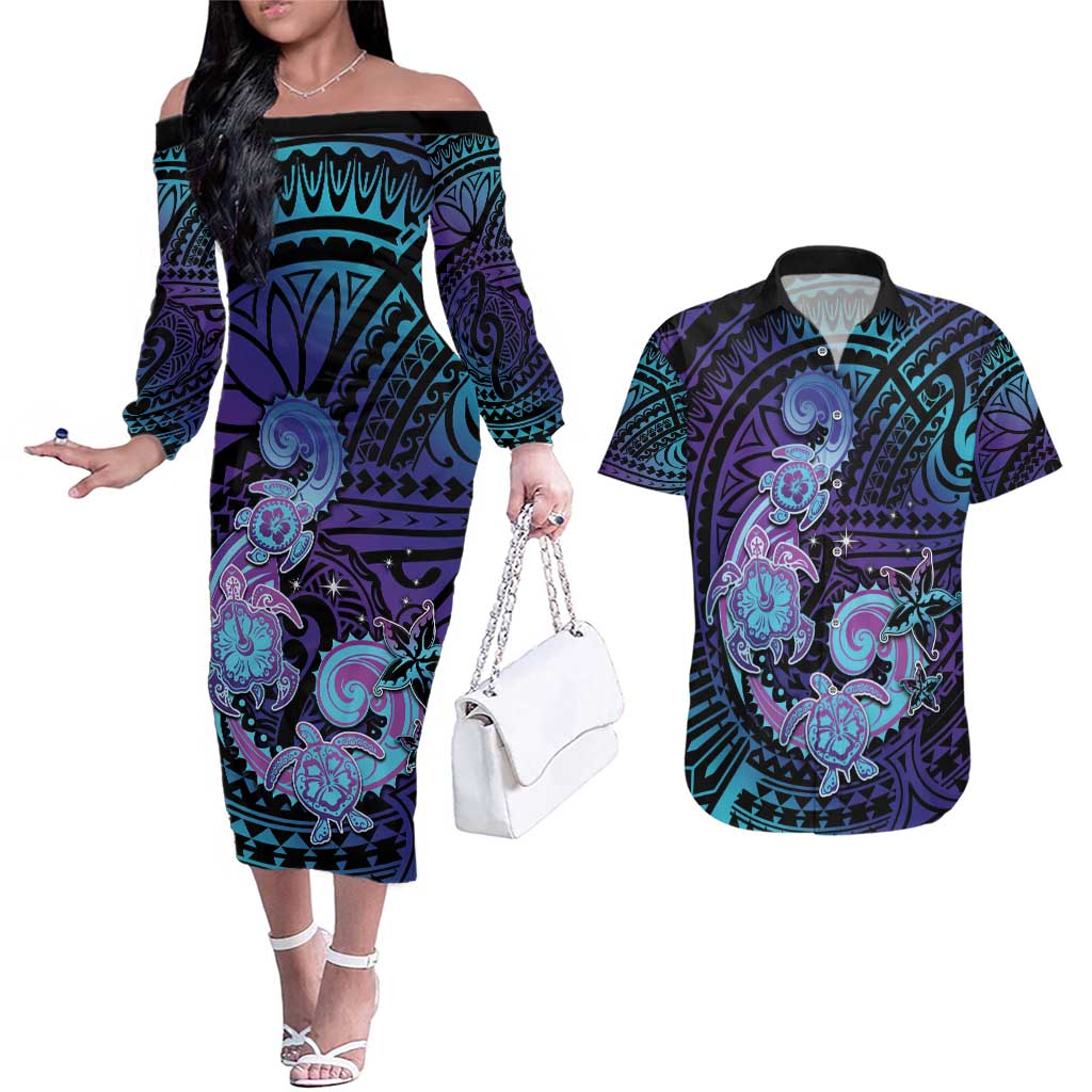 Hawaii Makahiki Turtle Couples Matching Off The Shoulder Long Sleeve Dress and Hawaiian Shirt Spiral Polynesian Tattoo
