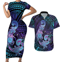 Hawaii Makahiki Turtle Couples Matching Short Sleeve Bodycon Dress and Hawaiian Shirt Spiral Polynesian Tattoo LT05 Purple - Polynesian Pride