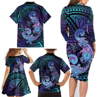 Hawaii Makahiki Turtle Family Matching Long Sleeve Bodycon Dress and Hawaiian Shirt Spiral Polynesian Tattoo LT05 - Polynesian Pride