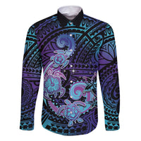 Hawaii Makahiki Turtle Family Matching Long Sleeve Bodycon Dress and Hawaiian Shirt Spiral Polynesian Tattoo LT05 Dad's Shirt - Long Sleeve Purple - Polynesian Pride