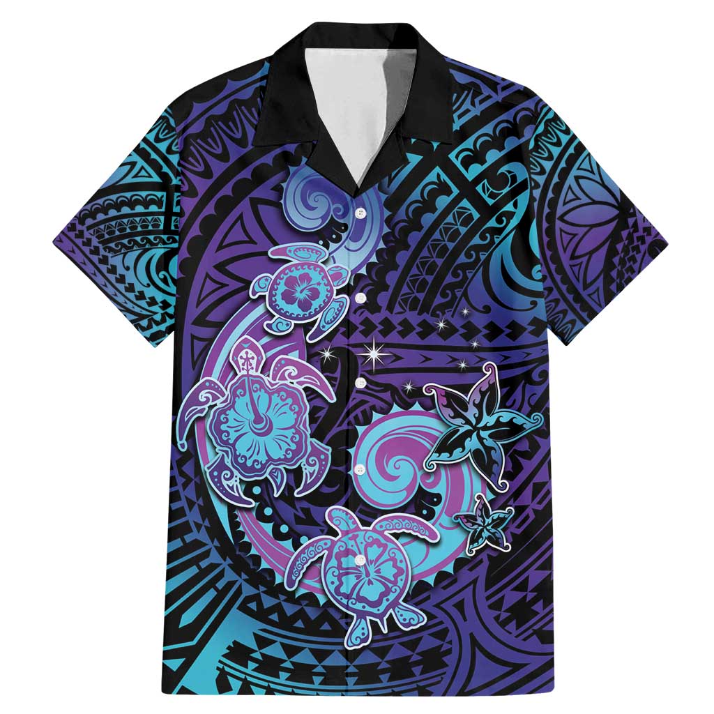 Hawaii Makahiki Turtle Family Matching Mermaid Dress and Hawaiian Shirt Spiral Polynesian Tattoo LT05 Dad's Shirt - Short Sleeve Purple - Polynesian Pride