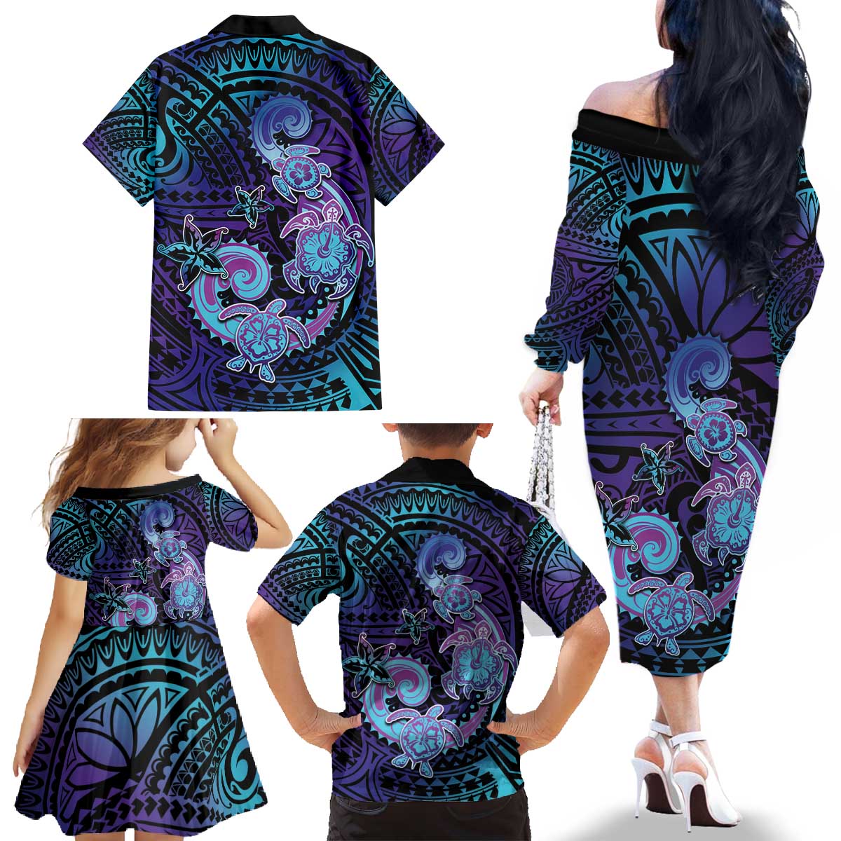 Hawaii Makahiki Turtle Family Matching Off The Shoulder Long Sleeve Dress and Hawaiian Shirt Spiral Polynesian Tattoo LT05 - Polynesian Pride
