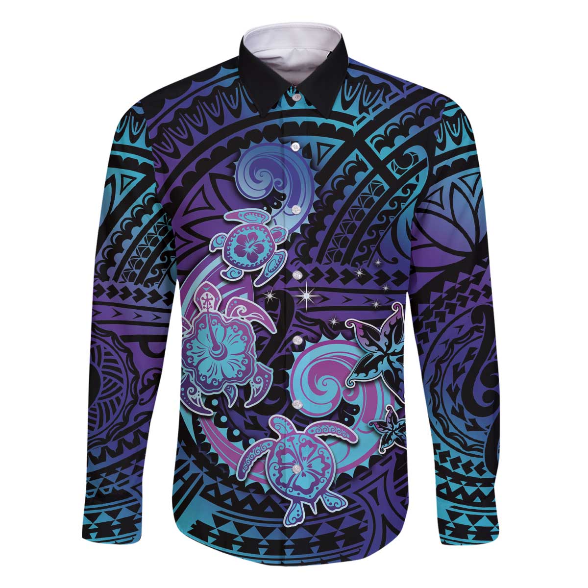 Hawaii Makahiki Turtle Family Matching Off The Shoulder Long Sleeve Dress and Hawaiian Shirt Spiral Polynesian Tattoo LT05 Dad's Shirt - Long Sleeve Purple - Polynesian Pride