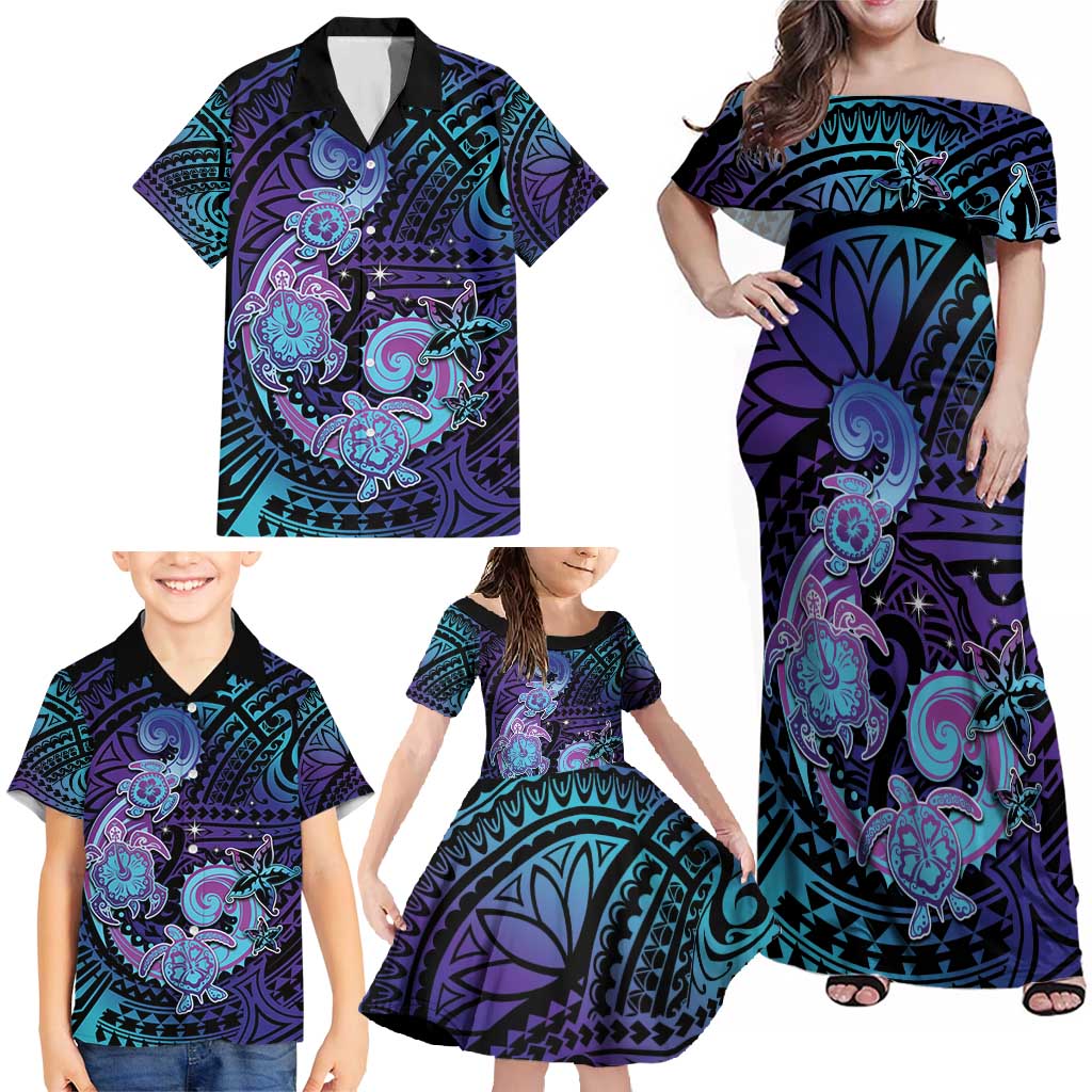 Hawaii Makahiki Turtle Family Matching Off Shoulder Maxi Dress and Hawaiian Shirt Spiral Polynesian Tattoo LT05 - Polynesian Pride