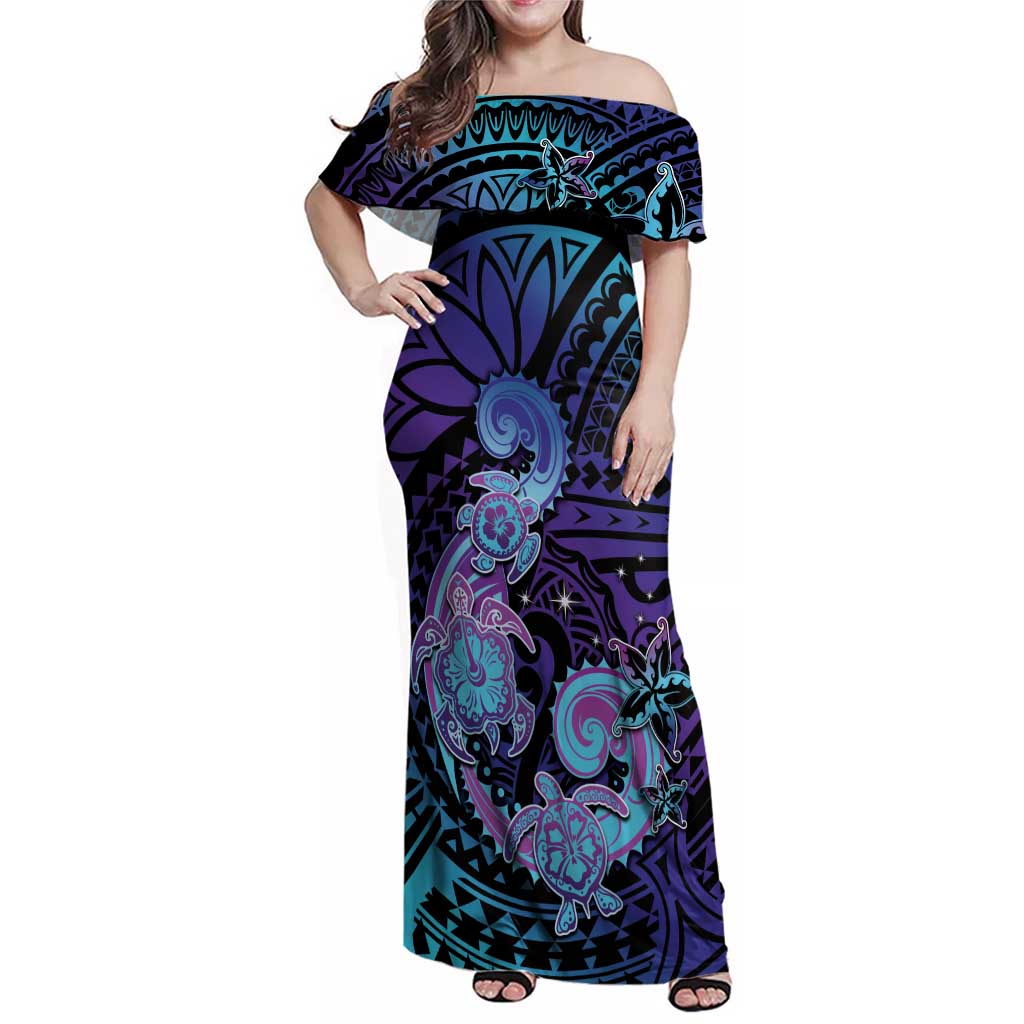 Hawaii Makahiki Turtle Family Matching Off Shoulder Maxi Dress and Hawaiian Shirt Spiral Polynesian Tattoo LT05 Mom's Dress Purple - Polynesian Pride