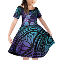 Hawaii Makahiki Turtle Family Matching Off Shoulder Short Dress and Hawaiian Shirt Spiral Polynesian Tattoo LT05 Daughter's Dress Purple - Polynesian Pride