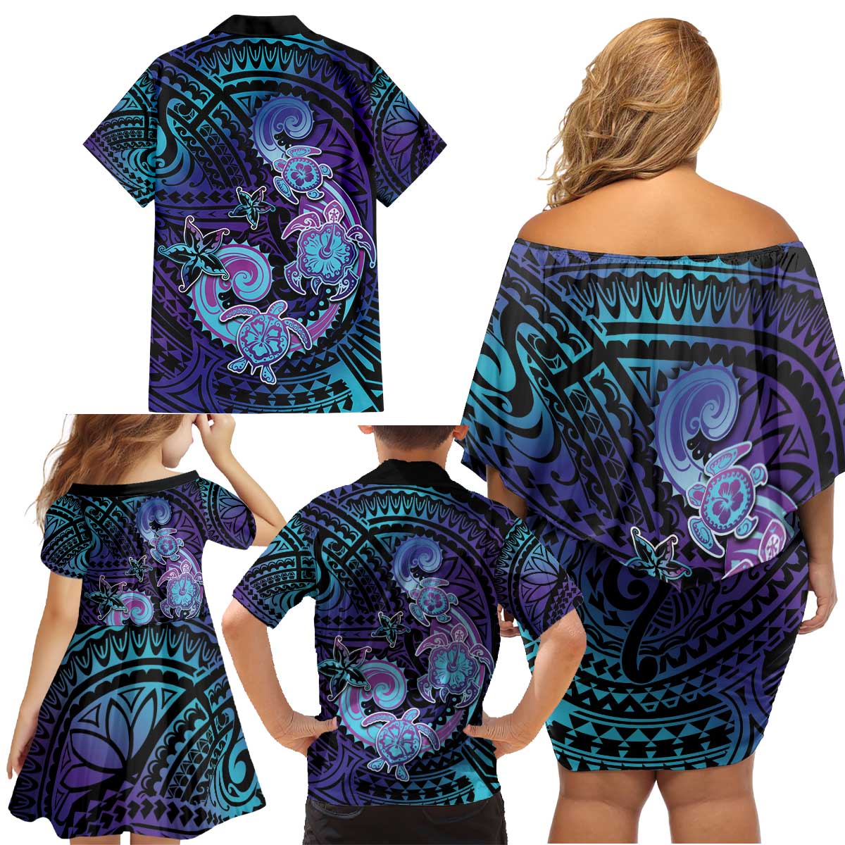 Hawaii Makahiki Turtle Family Matching Off Shoulder Short Dress and Hawaiian Shirt Spiral Polynesian Tattoo LT05 - Polynesian Pride
