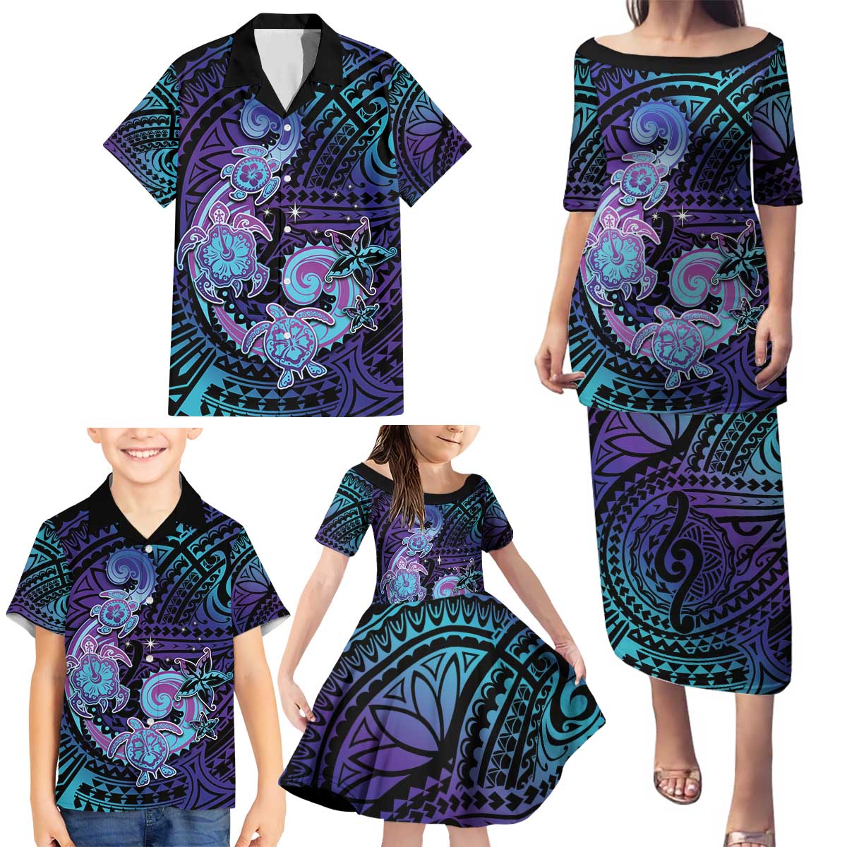 Hawaii Makahiki Turtle Family Matching Puletasi and Hawaiian Shirt Spiral Polynesian Tattoo LT05 - Polynesian Pride