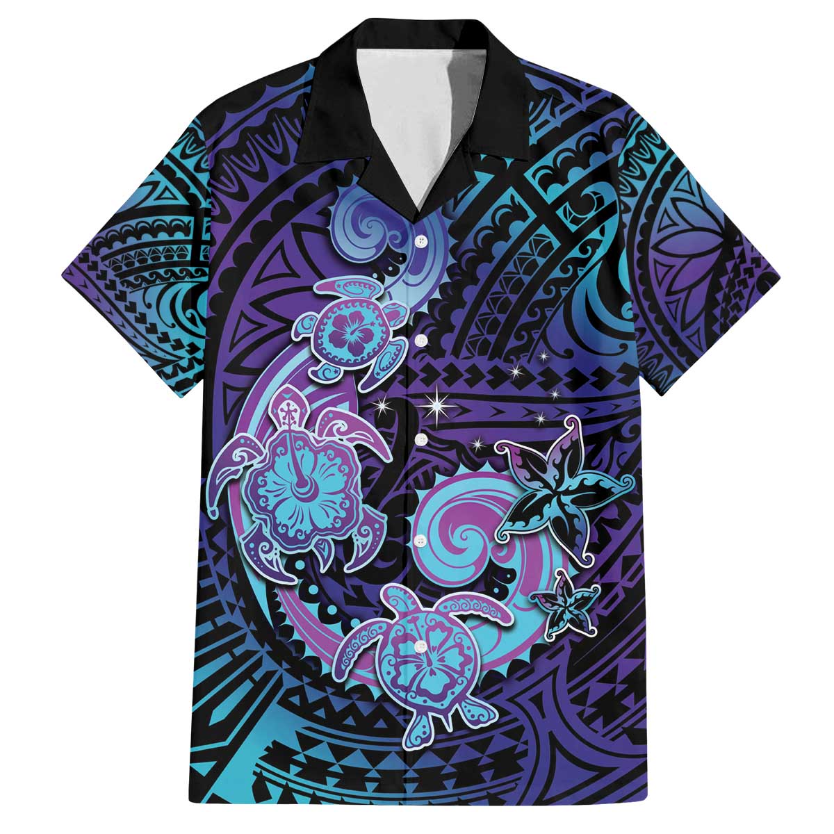 Hawaii Makahiki Turtle Family Matching Puletasi and Hawaiian Shirt Spiral Polynesian Tattoo LT05 Dad's Shirt - Short Sleeve Purple - Polynesian Pride