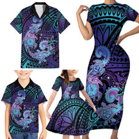 Hawaii Makahiki Turtle Family Matching Short Sleeve Bodycon Dress and Hawaiian Shirt Spiral Polynesian Tattoo LT05 - Polynesian Pride