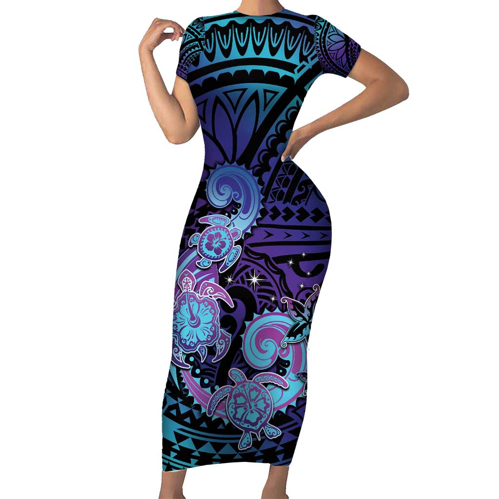 Hawaii Makahiki Turtle Family Matching Short Sleeve Bodycon Dress and Hawaiian Shirt Spiral Polynesian Tattoo LT05 Mom's Dress Purple - Polynesian Pride