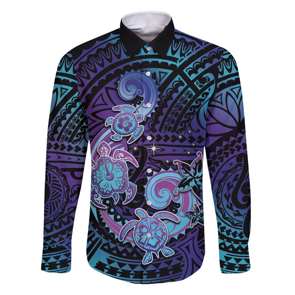 Hawaii Makahiki Turtle Family Matching Summer Maxi Dress and Hawaiian Shirt Spiral Polynesian Tattoo LT05 Dad's Shirt - Long Sleeve Purple - Polynesian Pride