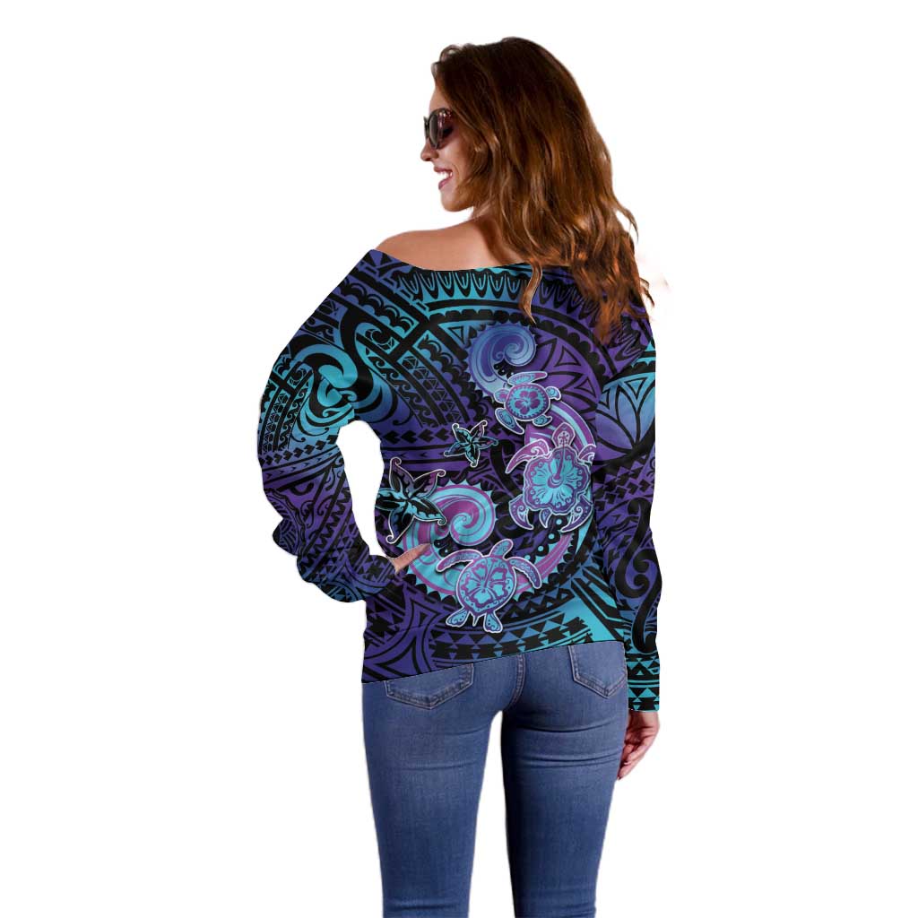Hawaii Makahiki Turtle Off Shoulder Sweater Spiral Polynesian Tattoo