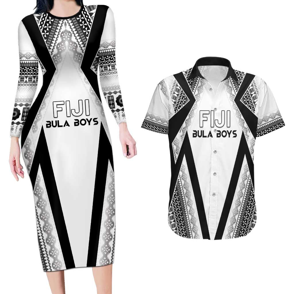 Custom Bula Fiji Football Couples Matching Long Sleeve Bodycon Dress and Hawaiian Shirt Go Champions LT05 White - Polynesian Pride