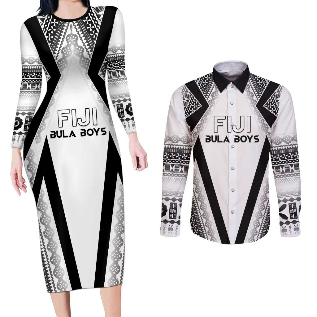 Custom Bula Fiji Football Couples Matching Long Sleeve Bodycon Dress and Long Sleeve Button Shirt Go Champions LT05 White - Polynesian Pride