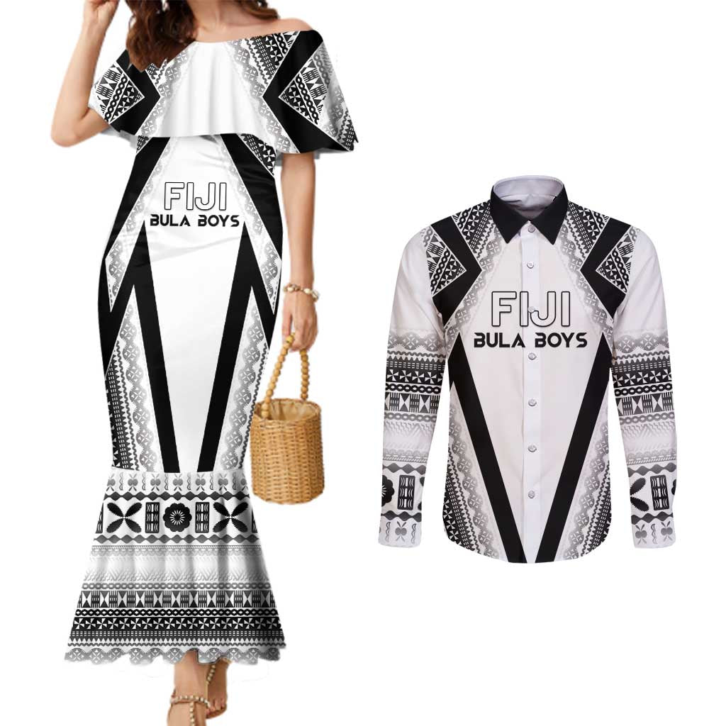 Custom Bula Fiji Football Couples Matching Mermaid Dress and Long Sleeve Button Shirt Go Champions LT05 White - Polynesian Pride
