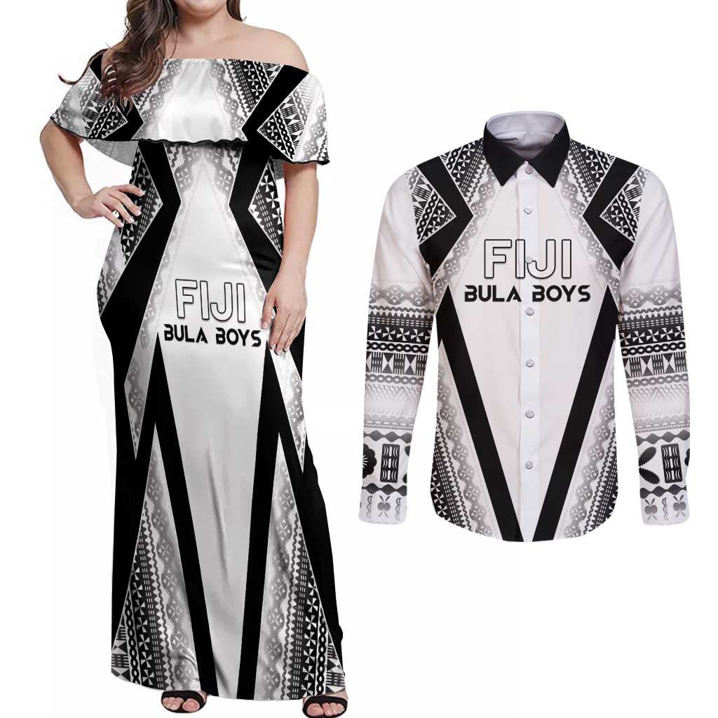 Custom Bula Fiji Football Couples Matching Off Shoulder Maxi Dress and Long Sleeve Button Shirt Go Champions LT05 White - Polynesian Pride