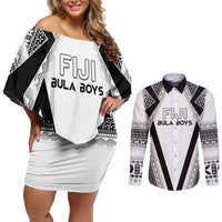 Custom Bula Fiji Football Couples Matching Off Shoulder Short Dress and Long Sleeve Button Shirt Go Champions LT05 White - Polynesian Pride