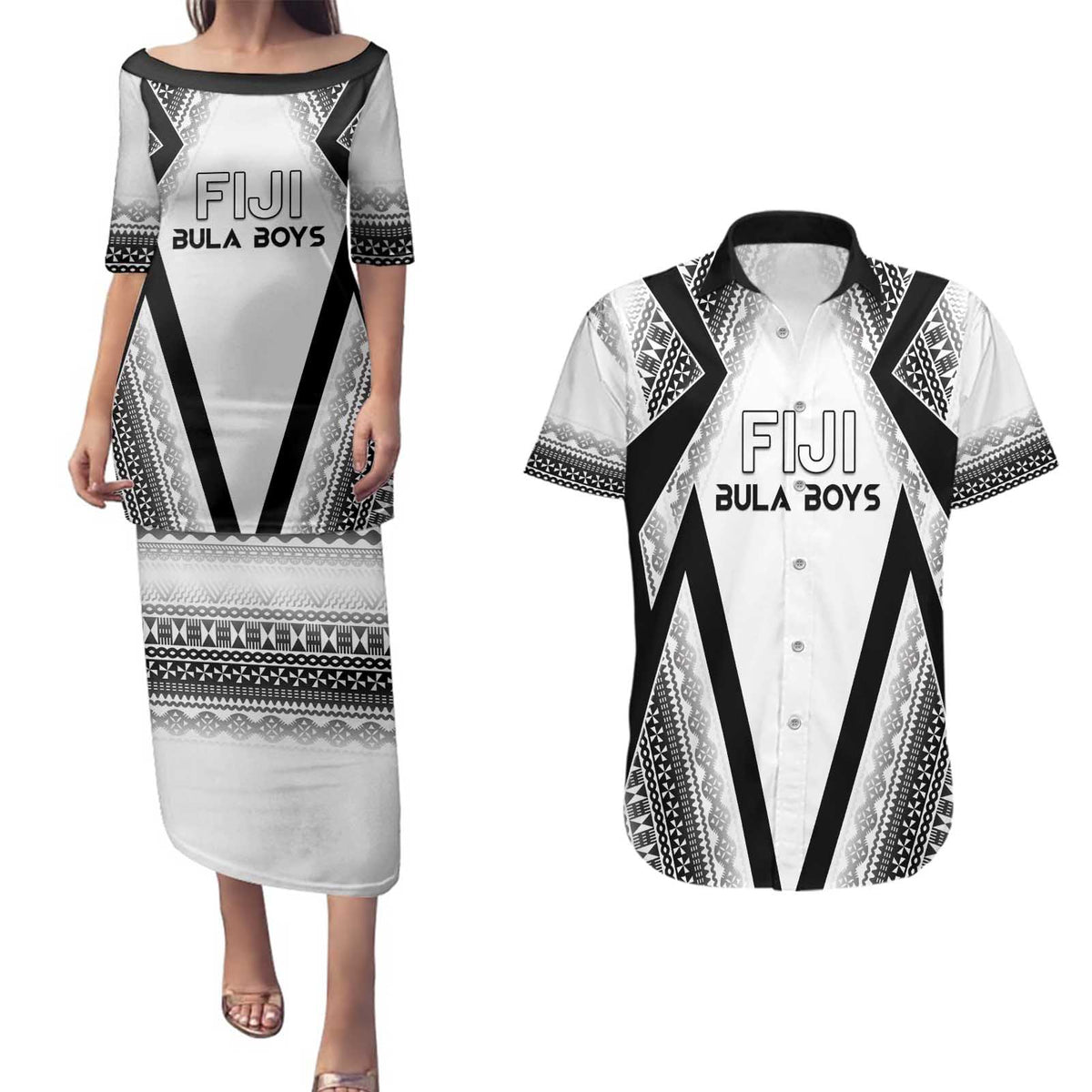 Custom Bula Fiji Football Couples Matching Puletasi and Hawaiian Shirt Go Champions LT05 White - Polynesian Pride